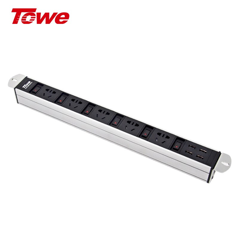 TOWE 同為分控PDU機柜插座防雷防浪涌辦公機柜專用插座免打孔安裝三合一開關插線板 10A 5位分控USB EN10/C56KU晶銀白