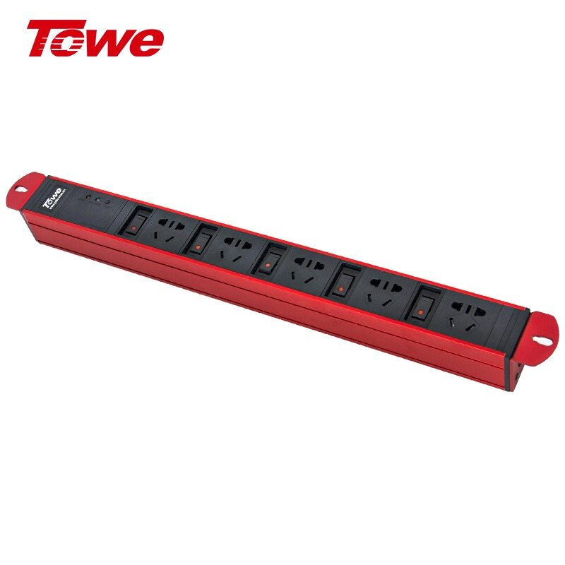 TOWE 同為分控PDU機(jī)柜插座防雷防浪涌辦公機(jī)柜專(zhuān)用插座免打孔安裝三合一開(kāi)關(guān)插線板 10A 5位分控防雷 EN10/C55KS中國(guó)紅