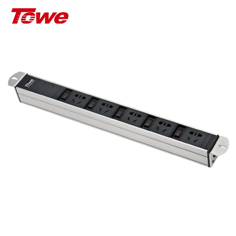 TOWE 同為分控PDU機柜插座防雷防浪涌辦公機柜專用插座免打孔安裝三合一開關插線板 10A 5位分控防雷 EN10/C55KS晶銀白
