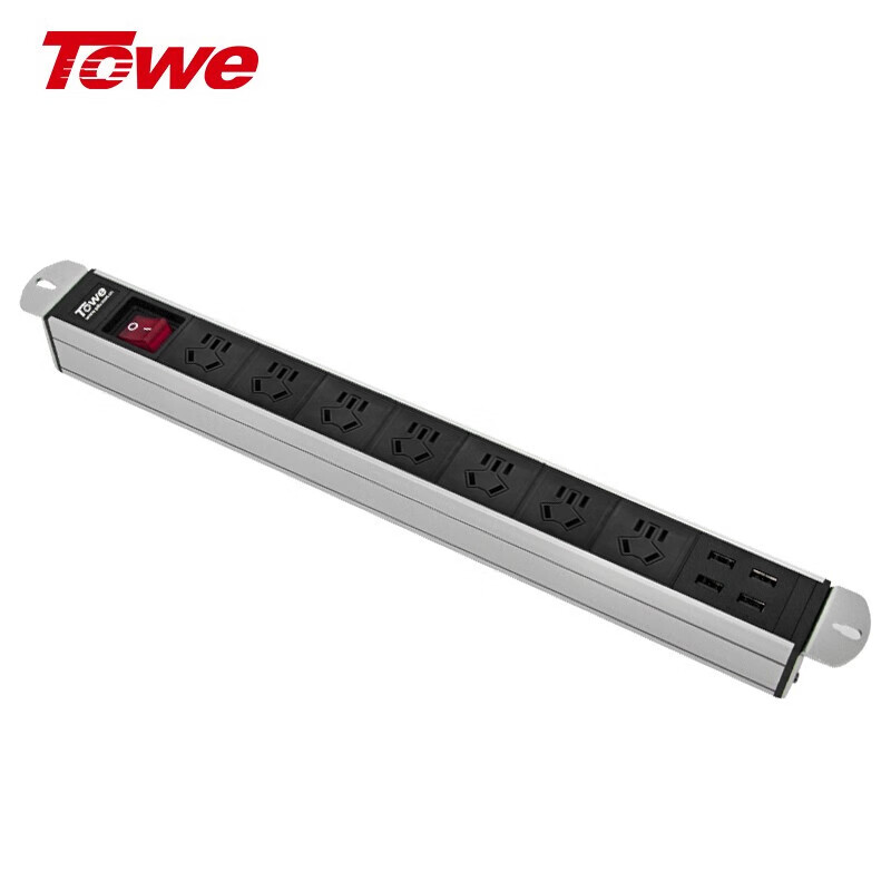 TOWE同為工業級USB集線器刷機拷機智能手機快充防雷插座PDU機柜工業插排彩色接線板拖線板 開關7位10A+USB EN10/C71KU晶銀白