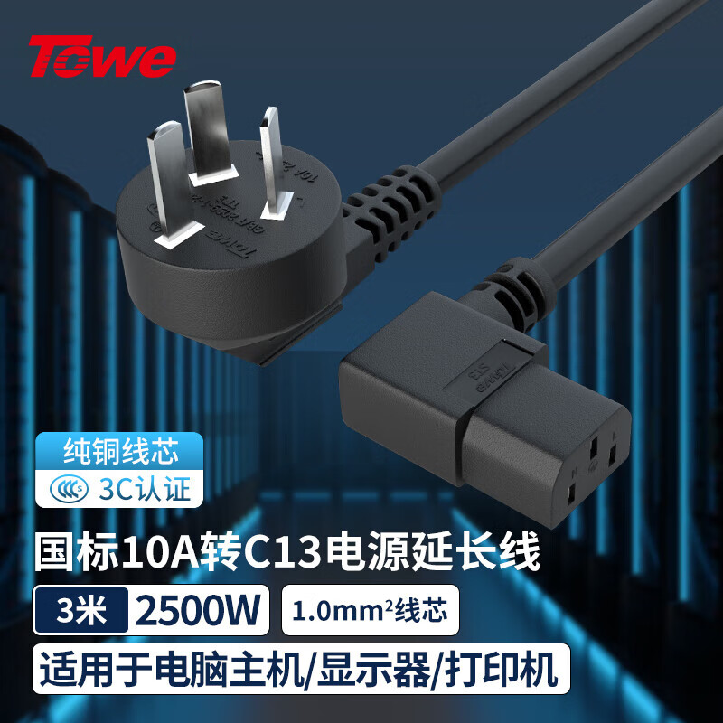TOWE同為國標雙彎頭10A轉C13線1.0平電腦電源線服務器電源線TW-F-10G10/C13W 3M