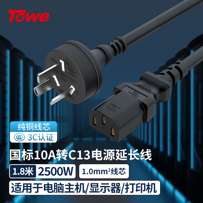 TOWE同為國標直頭10A轉C13線1.0平電腦電源線服務器電源線TW-F-10G10Z/C13 1.8M