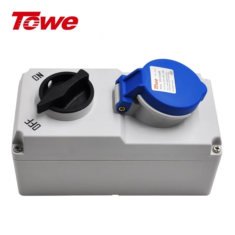 輸出一路2P+E三芯16A工業防水插座， 220V-250V IP44 CEE/IEC插座帶開關，帶機械聯鎖，藍灰