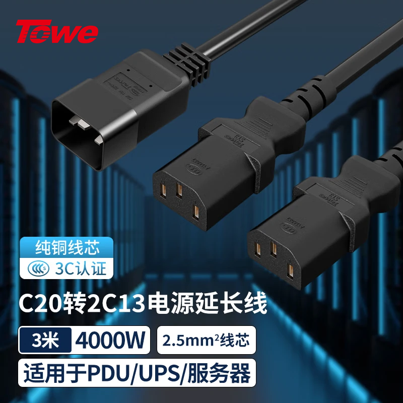 TOWE同為國標IEC C20轉2C13 電腦 服務器 電腦 交換機 IDC機房數據中心PDU電源線 TW-F-25C20/2C13 3M