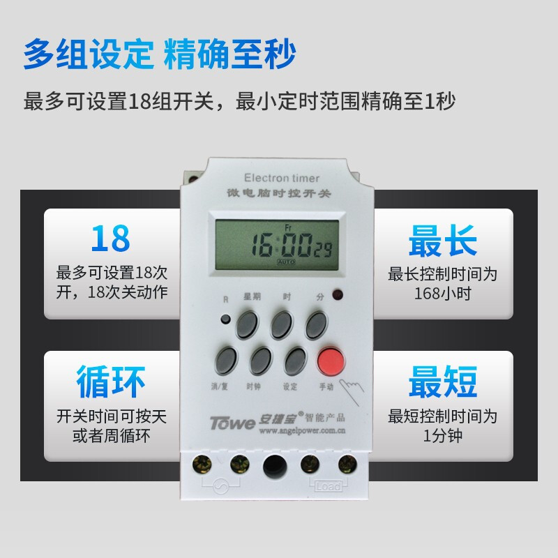 功能：7天定時，最小定時單位：1S，定時組數：18組，電壓：220V，電流20A，接線式，導軌安裝，寬度4模數